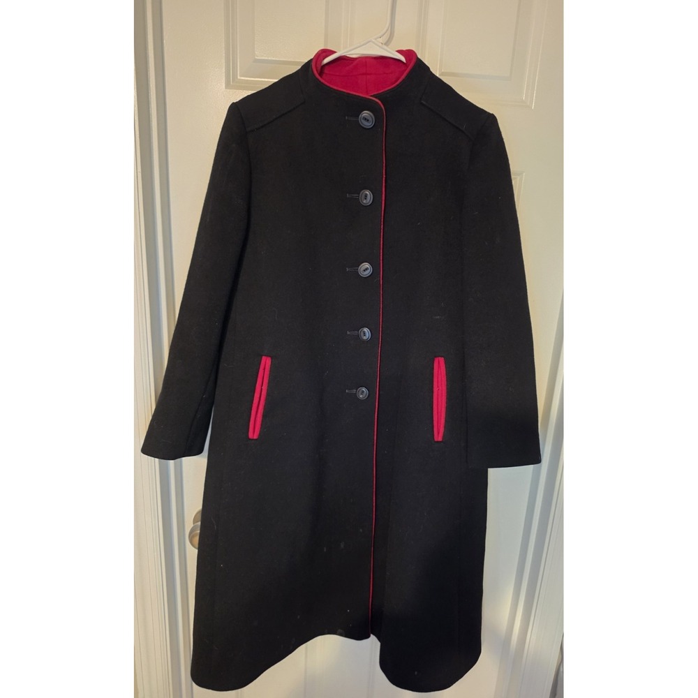Vintage Forstmann Fabrics Women's Black Wool Coat Red Lining Trim Union Made